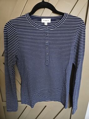 Women's Evereve Navy & White Striped Henley Top XS